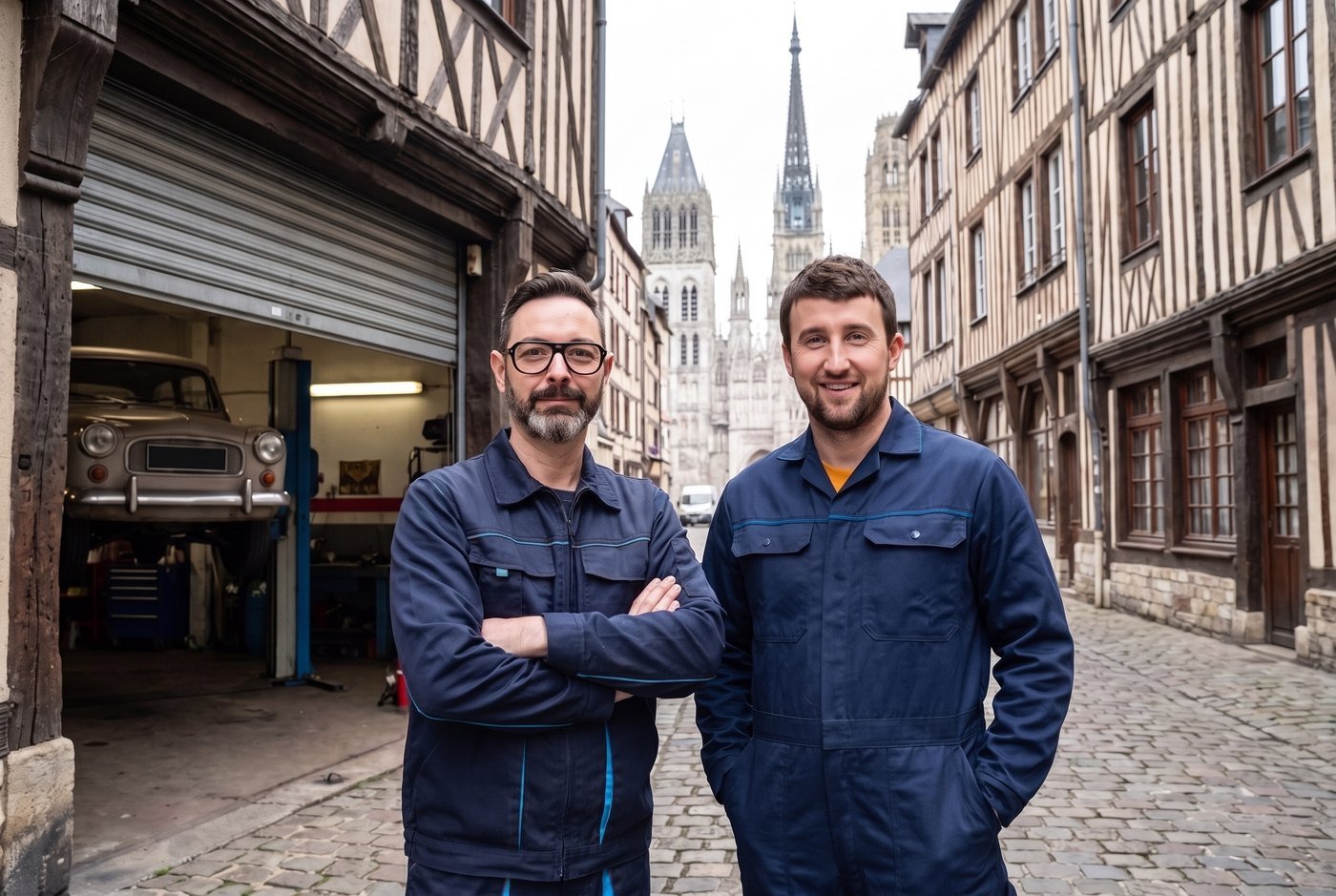 Laurent et Romain devant Rouen Garage, centre-ville de Rouen